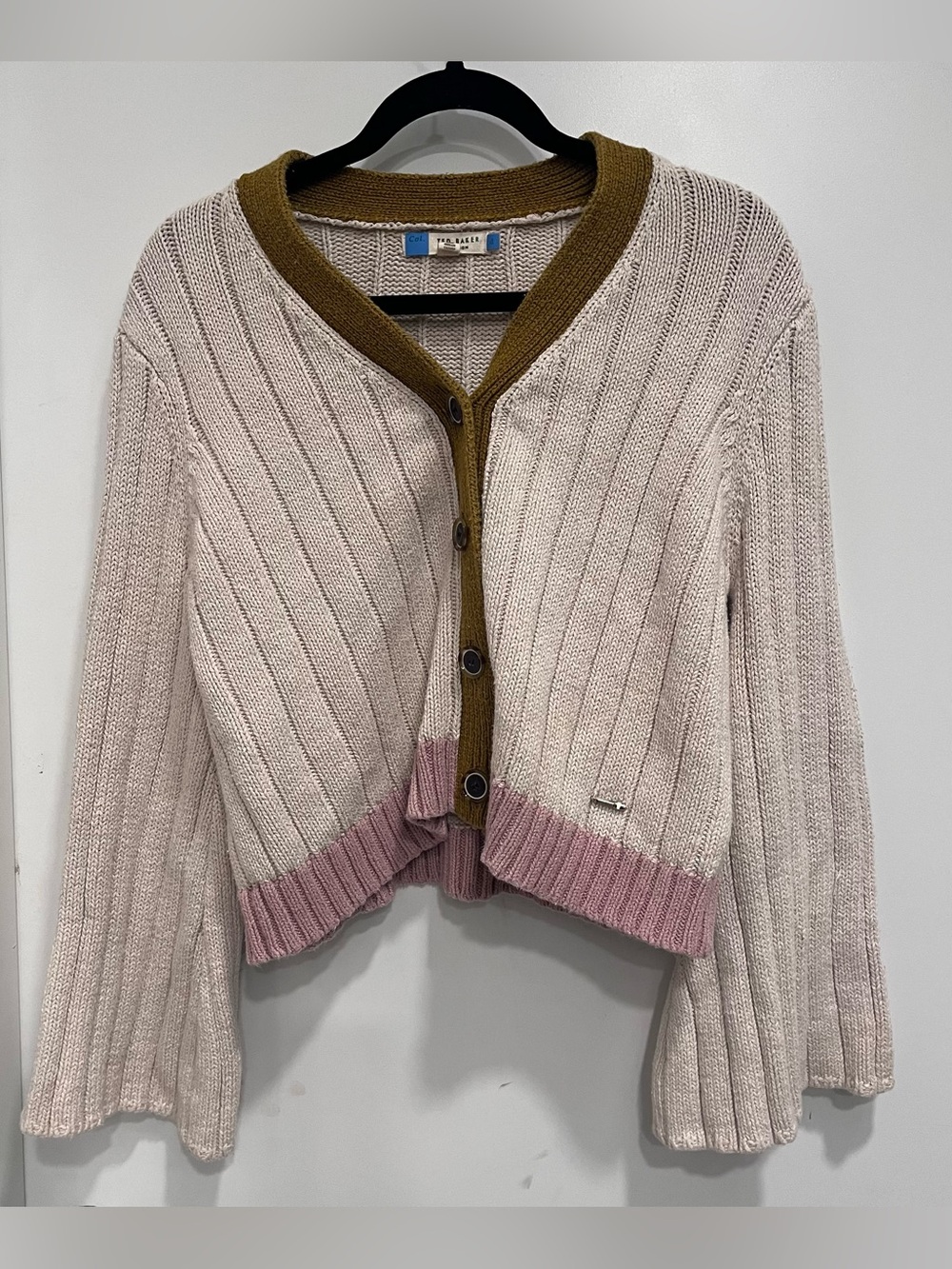 Ted Baker Moala Colorblock Knit Cardigan Cropped Bell Sleeve Size 4 Cotton Linen